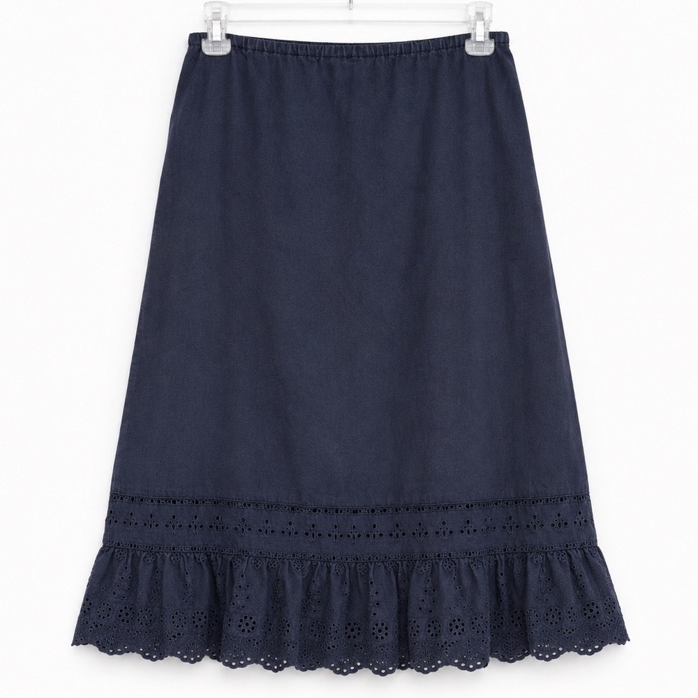 Susan Bristol Eyelet Ruffle Linen Skirt Womens Size M Blue Boho Coastal Prairie